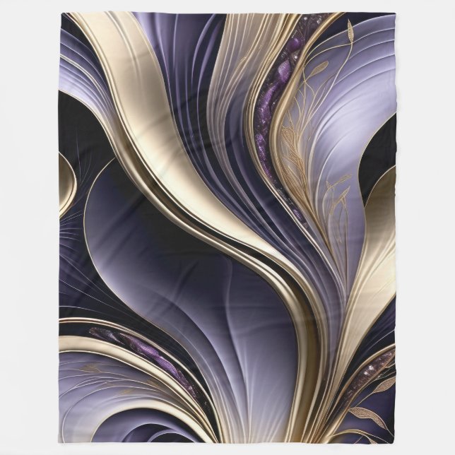Golden Veil - Luxurious Gold and Violet Abstract Fleece Blanket (Front)