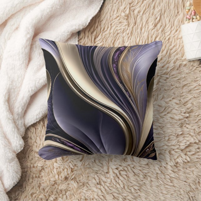 Golden Veil - Luxurious Gold and Violet Abstract Throw Pillow (Blanket)