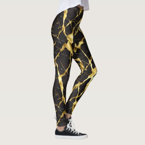 Golden Veins in Black Marble Leggings _ Rich