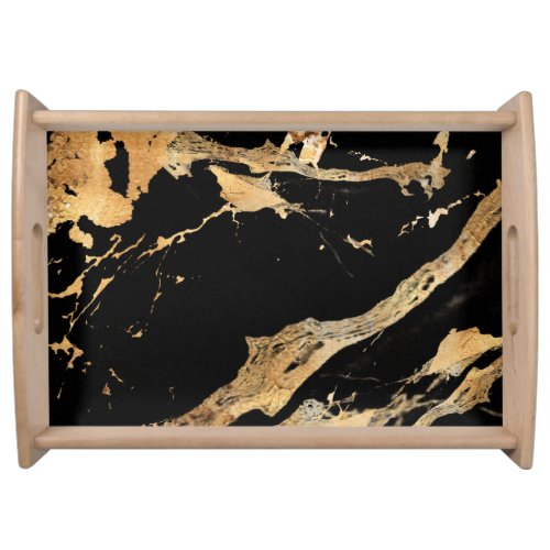 Golden Veins on Black Marble–Abstract Luxe Texture Serving Tray