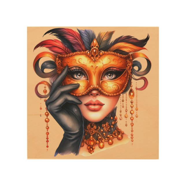 Golden Venetian Masquerade Mask  Wood Wall Art (Front)