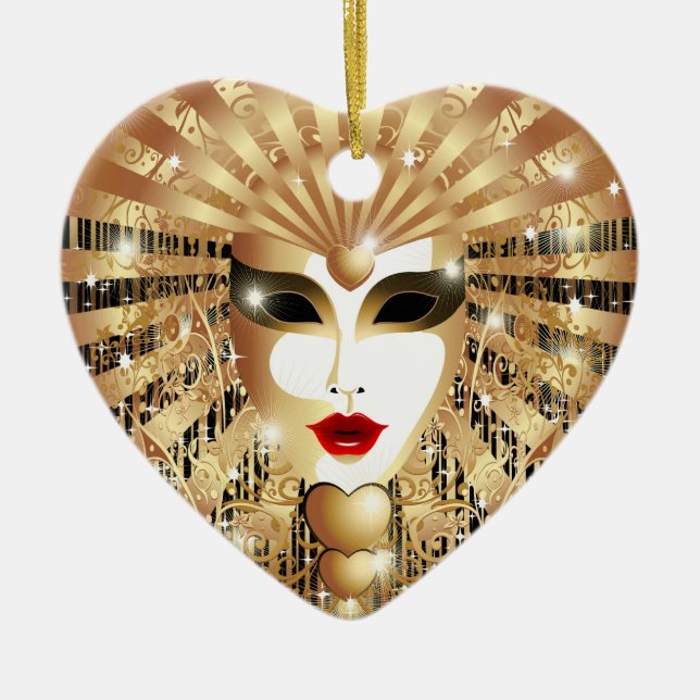 Golden Venice Carnival Party Mask Ceramic Ornament (Front)