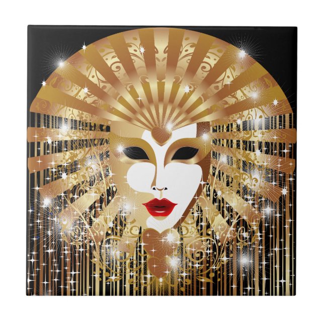 Golden Venice Carnival Party Mask Ceramic Tile (Front)