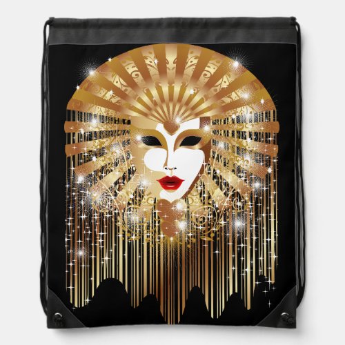 Golden Venice Carnival Party Mask Drawstring Bag