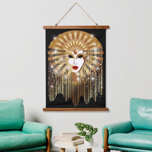 Golden Venice Carnival Party Mask Hanging Tapestry