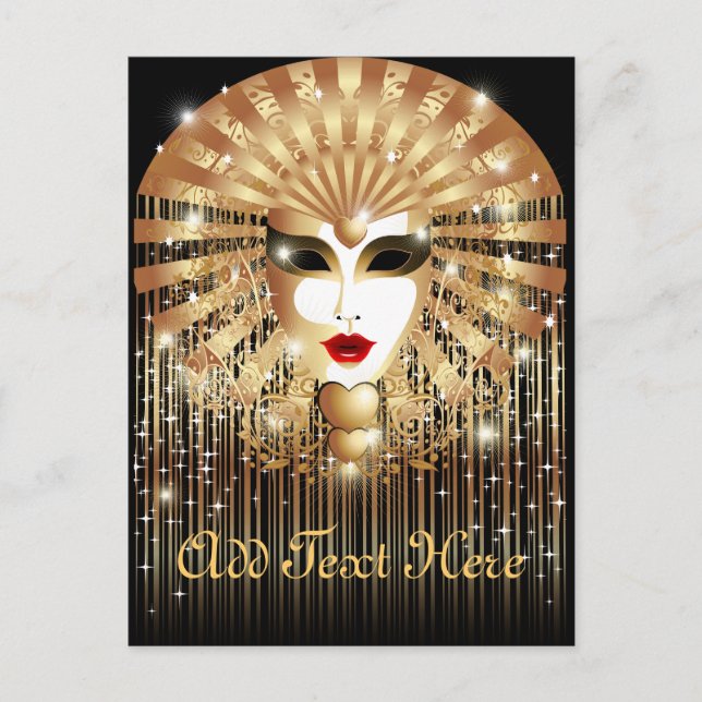 Golden Venice Carnival Party Mask Invitation Postcard (Front)