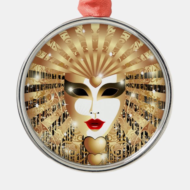 Golden Venice Carnival Party Mask Metal Ornament (Front)