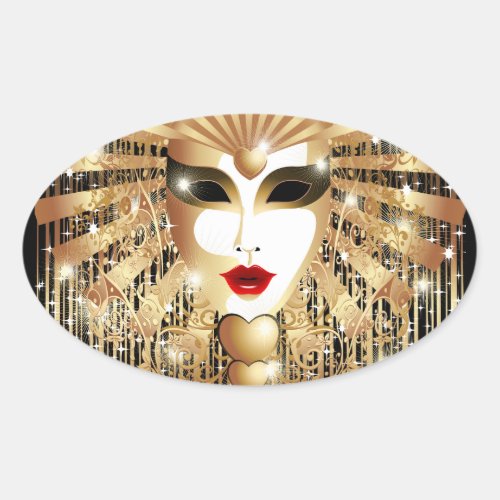 Golden Venice Carnival Party Mask Oval Sticker