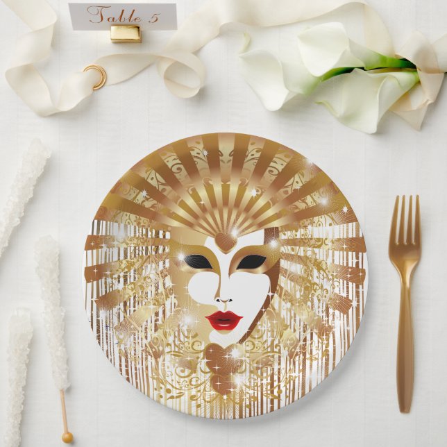 Golden Venice Carnival Party Mask Paper Plates (Wedding)