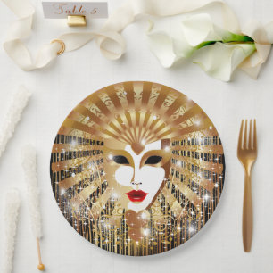 Golden Venice Carnival Party Mask Paper Plates
