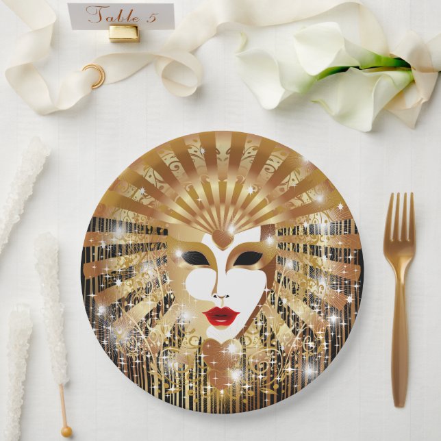 Golden Venice Carnival Party Mask Paper Plates (Wedding)