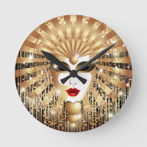 Golden Venice Carnival Party Mask Round Clock