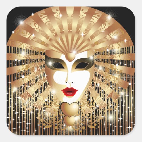 Golden Venice Carnival Party Mask Square Sticker