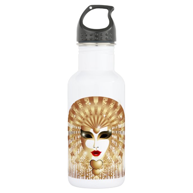 Golden Venice Carnival Party Mask Stainless Steel Water Bottle (Front)