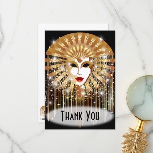 Golden Venice Carnival Party Mask Thank You Card