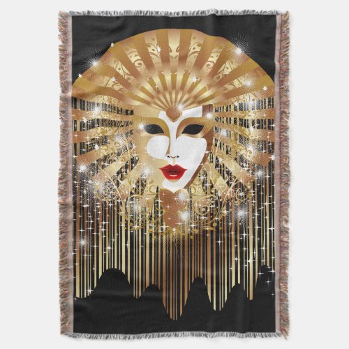 Golden Venice Carnival Party Mask Throw Blanket