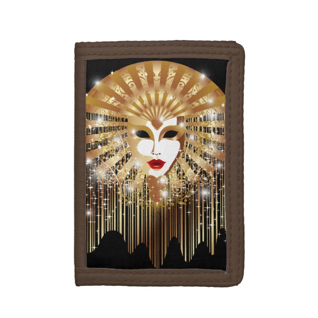 Golden Venice Carnival Party Mask Trifold Wallet (Front Vertical)