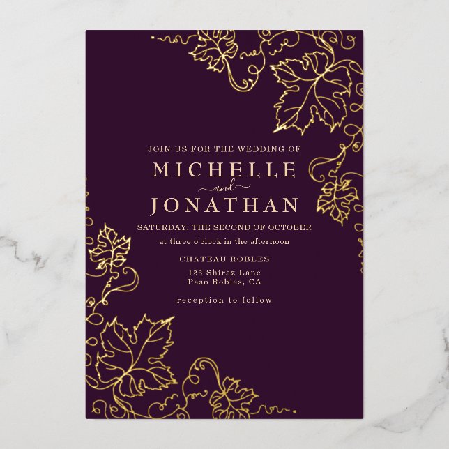 Golden Vineyard Burgundy Real Foil Wedding Foil Invitation (Front)