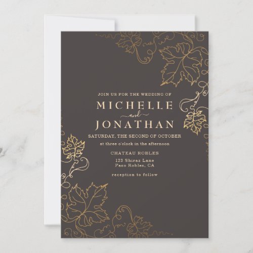 Golden Vineyard Gray Brown Faux Gold Wedding Invitation