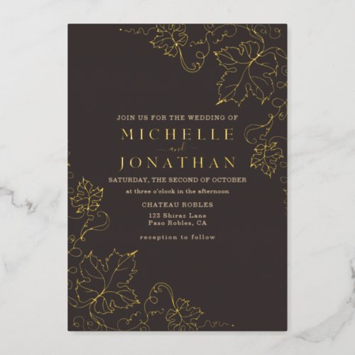 Golden Vineyard Gray Brown Real Foil Wedding Foil Invitation