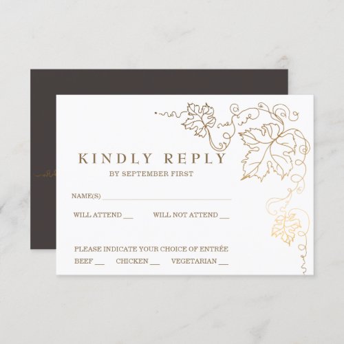 Golden Vineyard Gray Brown Wedding RSVP Card