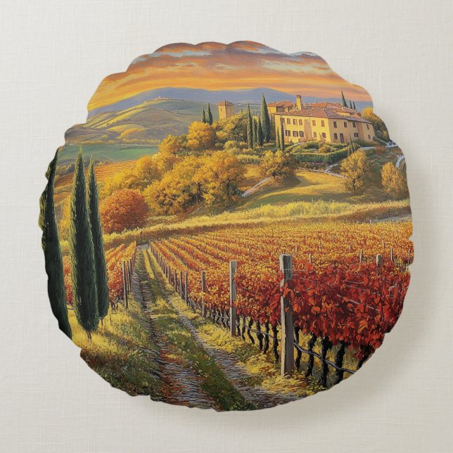 Golden Vineyard Path – Round Throw Pillow (Front)