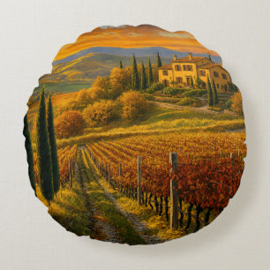 Golden Vineyard Path – Round Throw Pillow