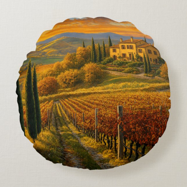 Golden Vineyard Path – Round Throw Pillow (Front)
