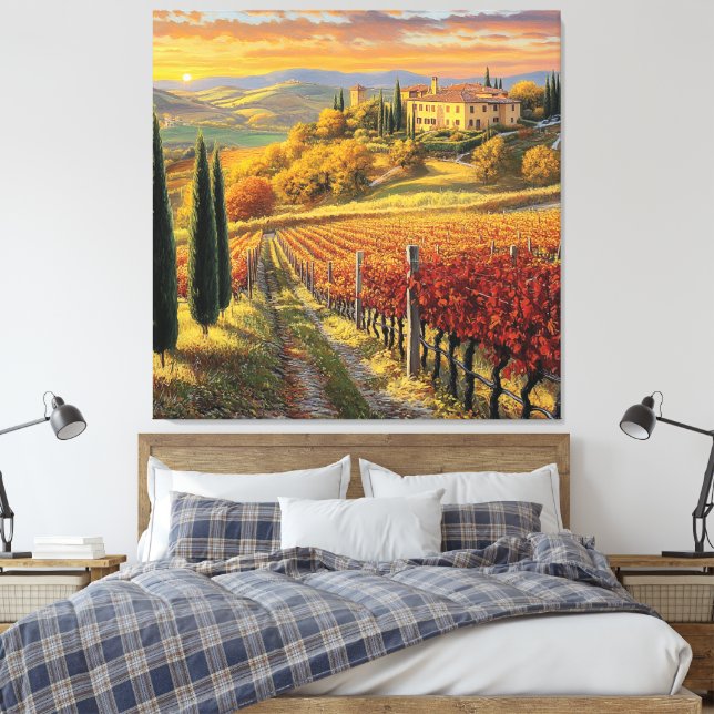 Golden Vineyard Path – Tuscany Premium Canvas Print (Insitu(Bedroom))