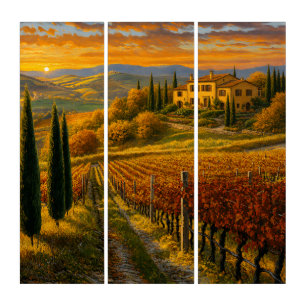 Golden Vineyard Path – Tuscany Triptych Canvas