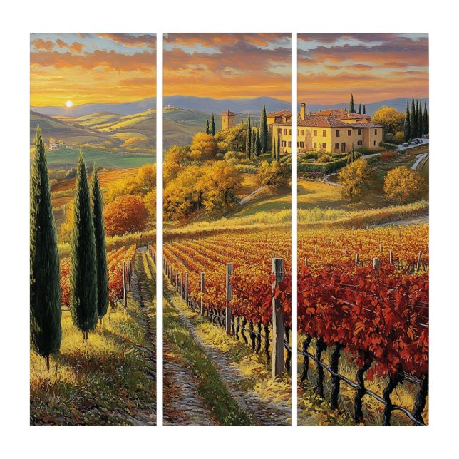 Golden Vineyard Path – Tuscany Triptych Canvas (Front)