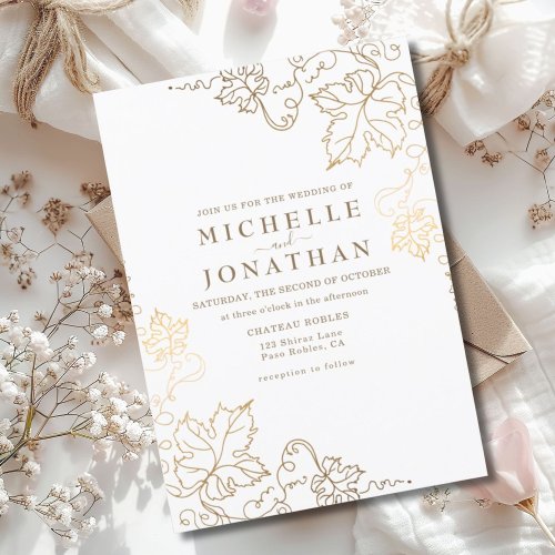 Golden Vineyard White Faux Gold Wedding Invitation