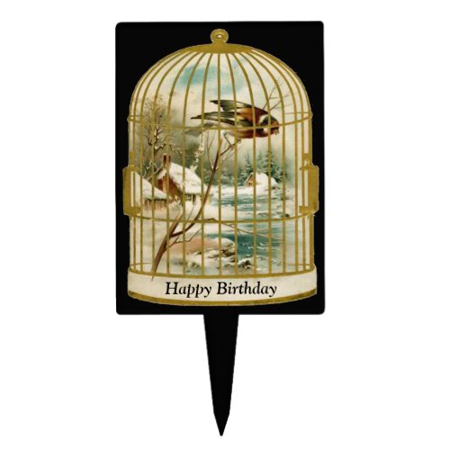 Golden Vintage Bird Cage Winter Scene Birthday Cake Topper