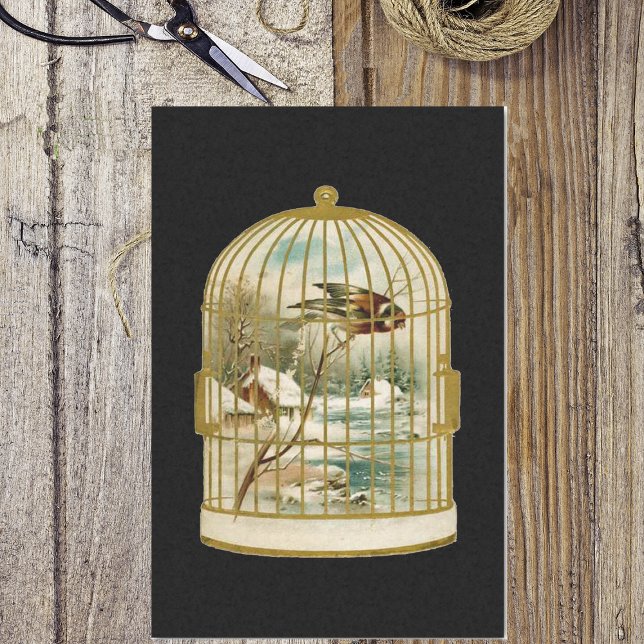 Golden Vintage Bird Cage Winter Scene Tissue Paper (Golden birdcage with bird overlooking winter cabin in woods scene on black tissue paper for gifts.)
