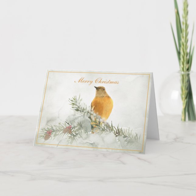 Golden Vintage Bird in the Snow Holiday Card (Front)