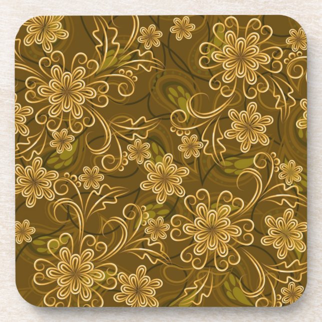 Golden vintage floral pattern beverage coaster (Front)