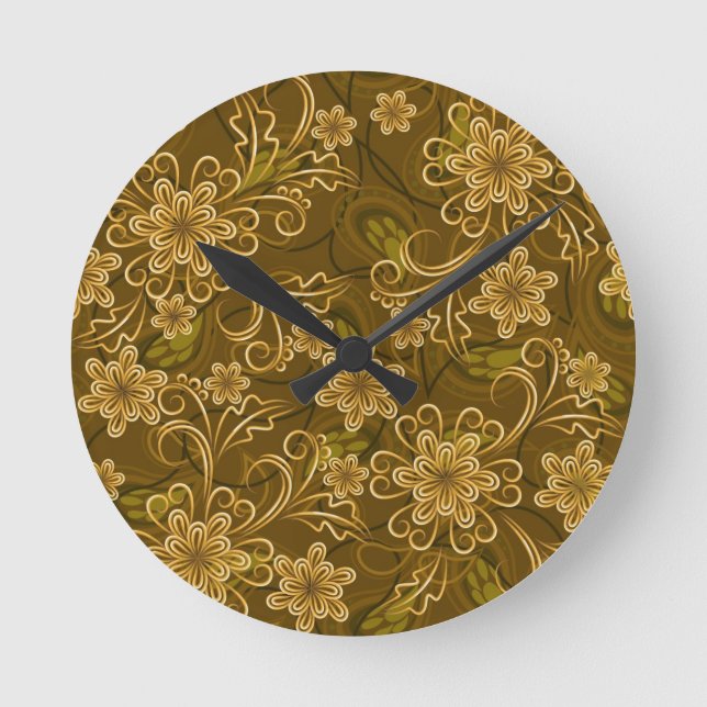Golden vintage floral pattern round clock (Front)