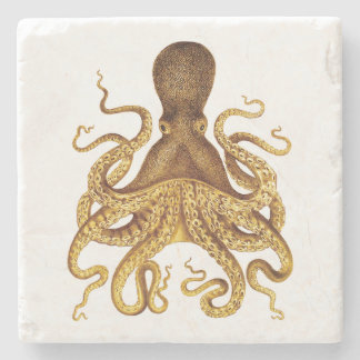 Golden Vintage Octopus Illustration Stone Coaster