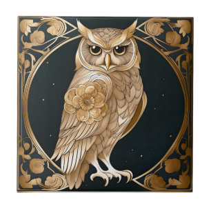 Golden Vintage Owl Art Deco Ceramic Tile