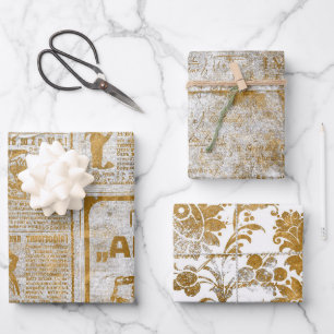 Golden Vintage Script Grunge Pattern Decoupage Wrapping Paper Sheets