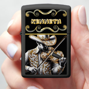 Golden Violin Features Cowboy Engraving Zippo Lighter