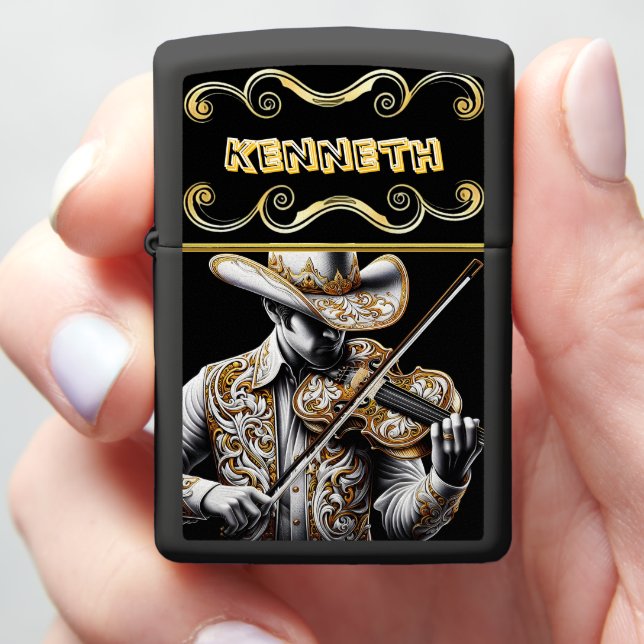 Golden Violin Features Cowboy Engraving Zippo Lighter (In Hand)