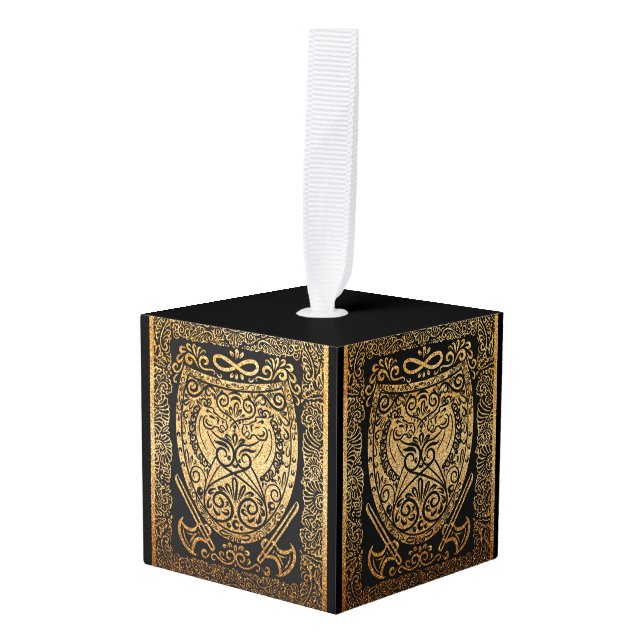  Golden Warrior Shield – Intricate Viking-Inspired Cube Ornament (Front Angled)