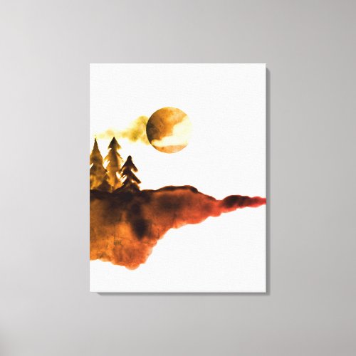 Golden Watercolor Mountains Moon Pine Trees Canvas Print