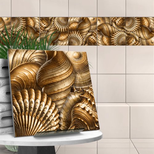 Golden Watercolor Seashells pattern Ceramic Tile