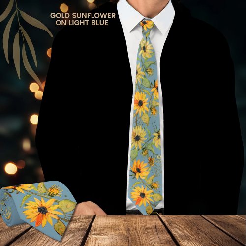 Golden Watercolor Sunflower Light Blue Neck Tie