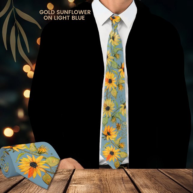 Golden Watercolor Sunflower Light Blue Neck Tie (Golden Watercolor Sunflower Light Blue Neck Tie)
