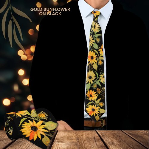 Golden Watercolor Sunflower on Black Neck Tie