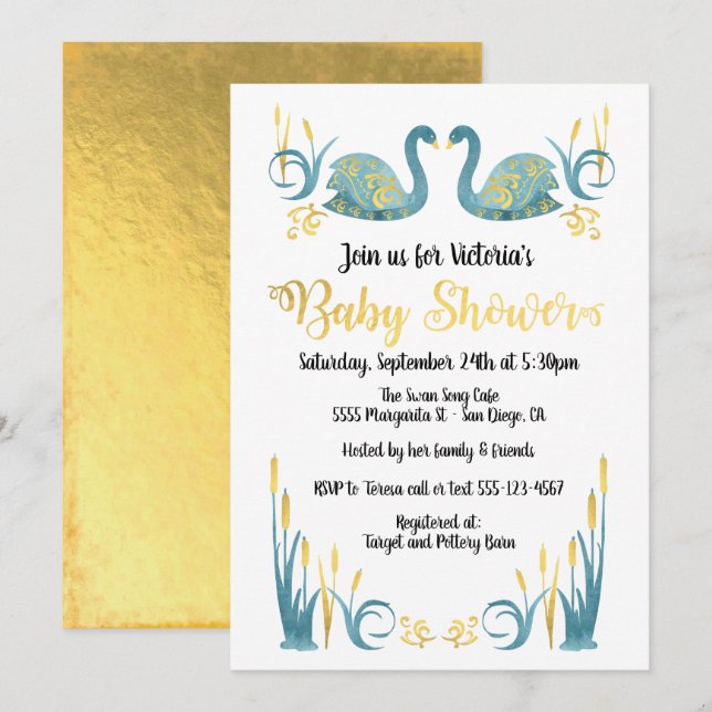 Golden watercolor Swans Baby Shower Invitation (Front/Back)