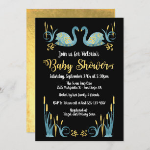 Golden watercolor Swans Baby Shower Invitation